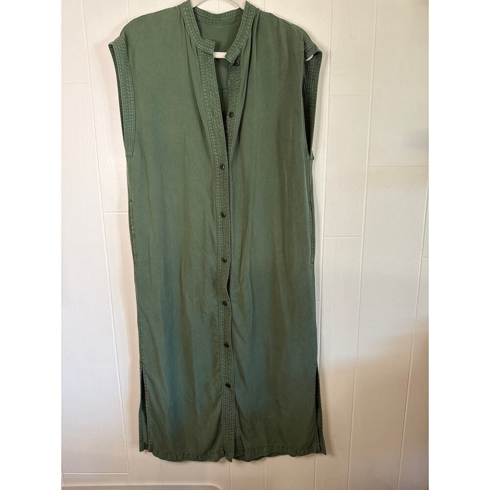 Olive green button front sleeveless maxi dress w/ pockets